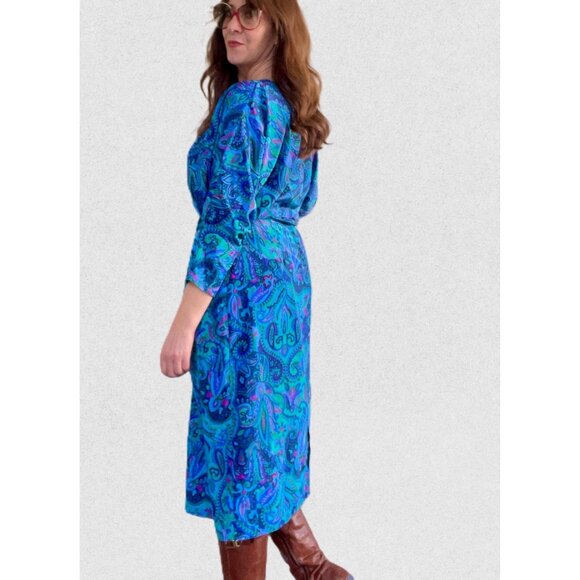 1980s Maxi Dress, Size L, Paisley Belted Dress by Van Ultra, 80s Dress for Work - Picture 3 of 10